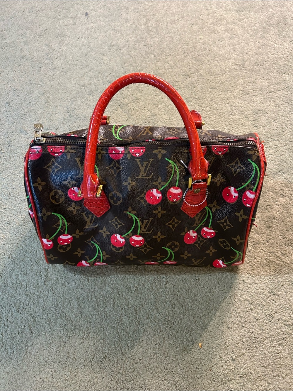 Louis Vuitton Takashi Murakami Cheeries Brown Monogram Satchel Bag Alligator